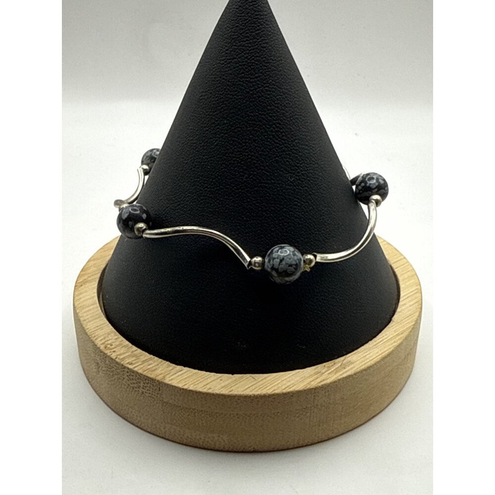 Silver Wave Bracelet With Snowflake Obsidian Beads